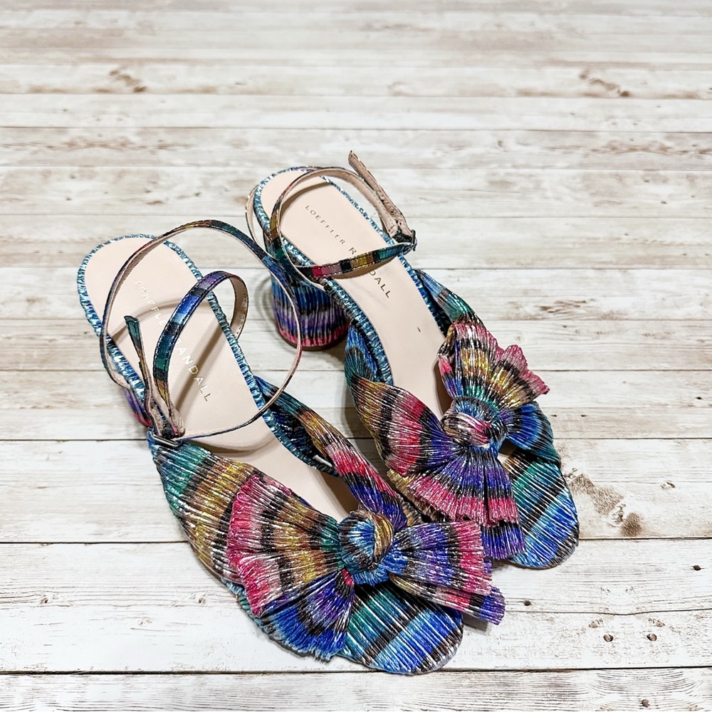 NEW Loeffler Randall Camellia Bow High Heel Sandal Rainbow Metallic Crinkled 8.5 - Picture 7 of 14